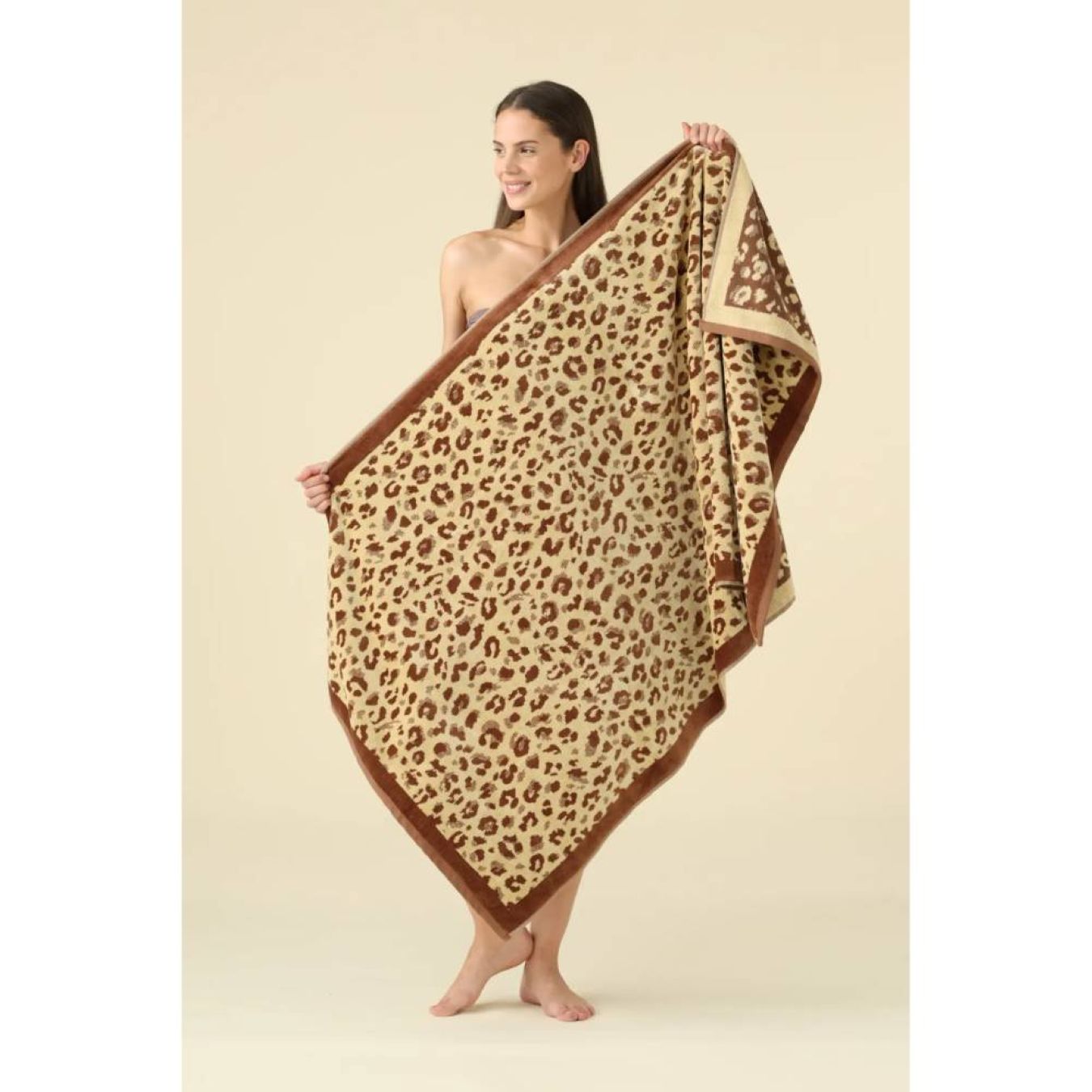 01386 -- 000 (1480) Telo Mare Spugna Velour Animalier Beige - immagine 1