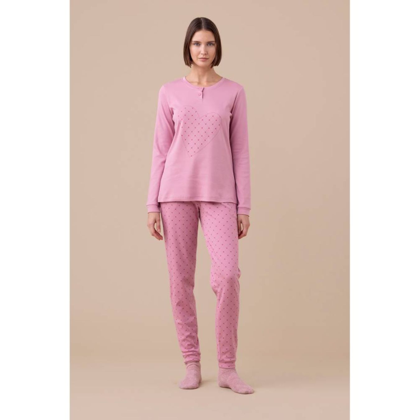 01973 -- 000 (2080) Pigiama Donna Jersey Invernale Cuoricini FA9246 - immagine 1