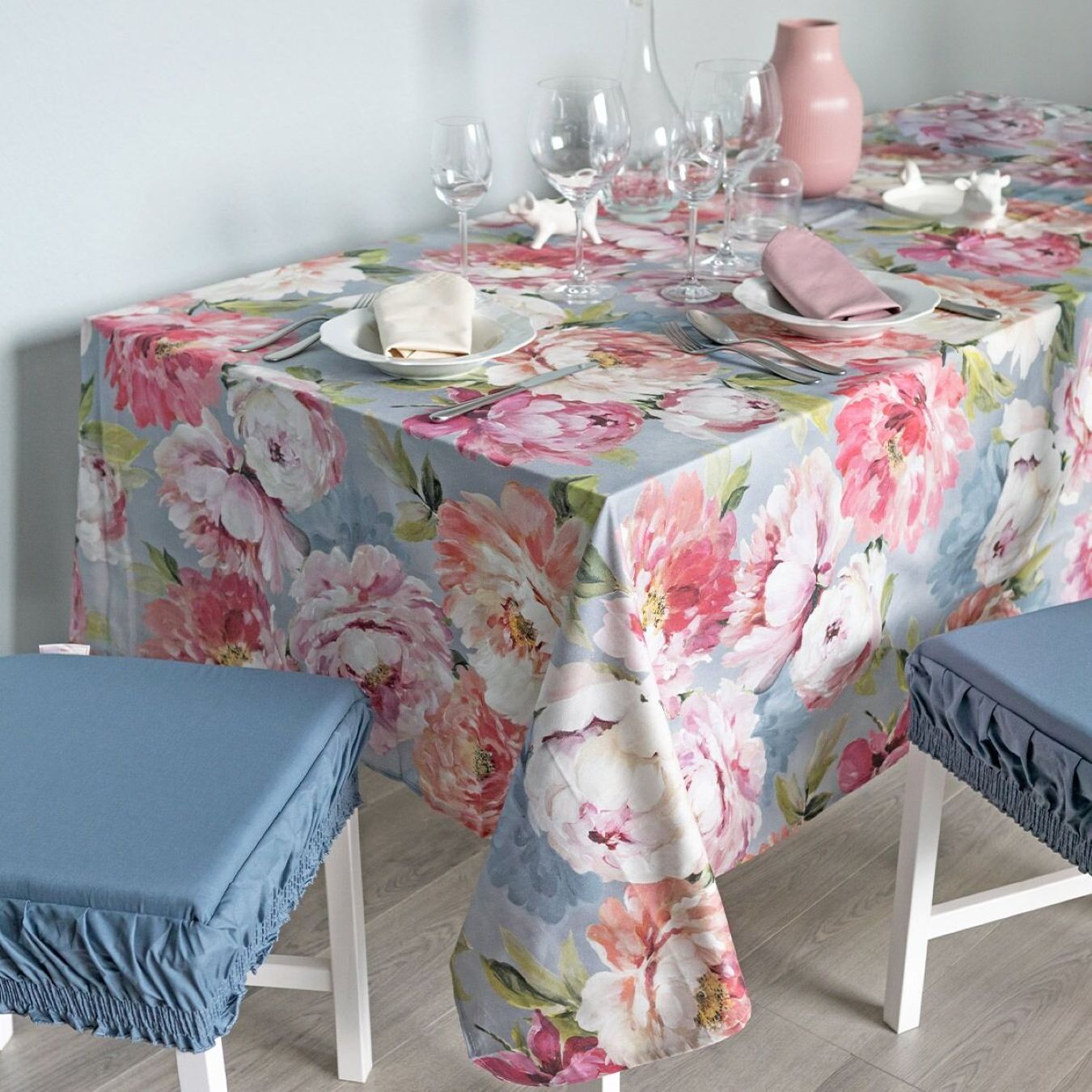 02043 -- 000 (2150) Tovaglia con Tovaglioli Campo Fiorito X 12 Posti Grigio perla - immagine 1